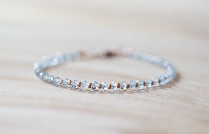 Aquamarine Bracelet with Rose Gold Fill or Sterling Silver, Delicate Beaded Aquamarine Jewelry, March Birthstone Gift