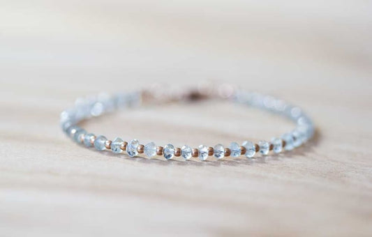 Aquamarine Bracelet with Rose Gold Fill or Sterling Silver, Delicate Beaded Aquamarine Jewelry, March Birthstone Gift