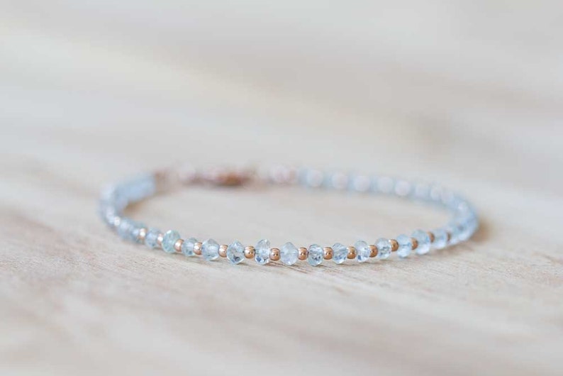 Aquamarine Bracelet with Rose Gold Fill or Sterling Silver, Delicate Beaded Aquamarine Jewelry, March Birthstone Gift