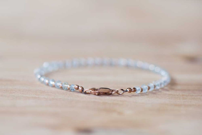 Aquamarine Bracelet with Rose Gold Fill or Sterling Silver, Delicate Beaded Aquamarine Jewelry, March Birthstone Gift