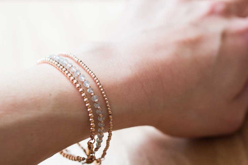 Aquamarine Bracelet with Rose Gold Fill or Sterling Silver, Delicate Beaded Aquamarine Jewelry, March Birthstone Gift