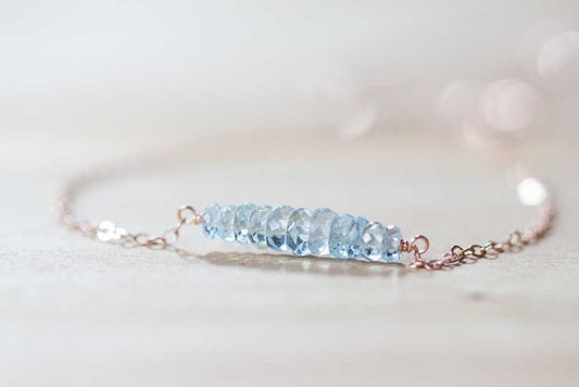 Aquamarine Bar Necklace on Rose Gold Filled, Oxidized Sterling or Sterling Silver Chain, Delicate Aquamarine Jewelry, Blue Gemstone