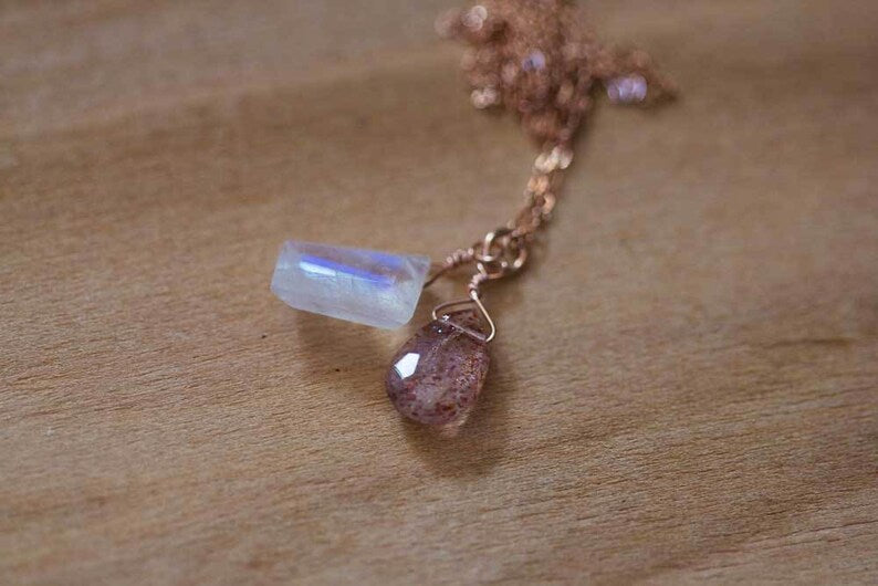 Moonstone & Sunstone Pendant on Rose Gold Filled or Sterling Silver Chain, Sunstone Necklace, Moonstone Jewelry, Delicate Everyday Layering