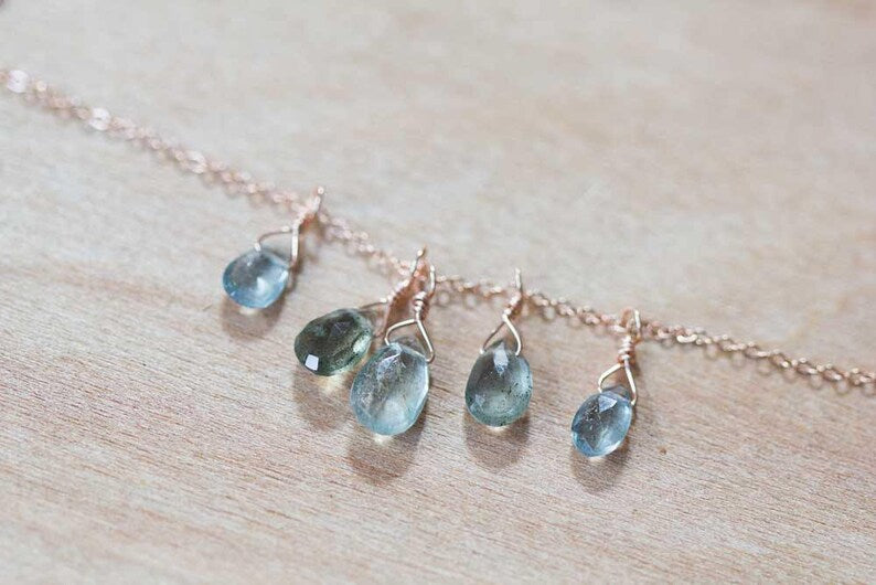 Moss Aquamarine Necklace, Cluster Pendant on Rose Gold Fill or Sterling Silver Chain, Delicate March Birthstone Necklace, Aquamarine Jewelry