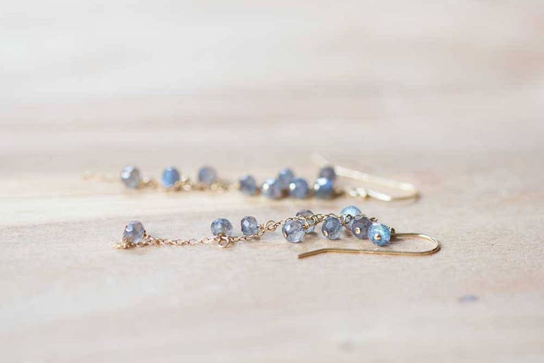 Labradorite Cluster Dangle Earrings, Labradorite Jewelry, Delicate Sterling Silver or Rose Gold Filled Earrings