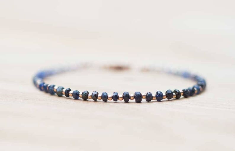 Sapphire Bracelet with Rose Gold Filled or Sterling Silver, Delicate Shaded Sapphire Bracelet, Blue Sapphire Jewelry, Beaded Ombre Bracelet