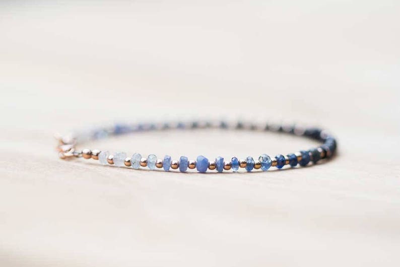 Sapphire Bracelet with Rose Gold Filled or Sterling Silver, Delicate Shaded Sapphire Bracelet, Blue Sapphire Jewelry, Beaded Ombre Bracelet