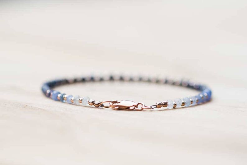 Sapphire Bracelet with Rose Gold Filled or Sterling Silver, Delicate Shaded Sapphire Bracelet, Blue Sapphire Jewelry, Beaded Ombre Bracelet