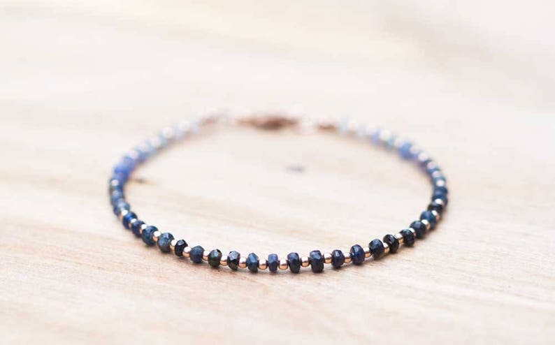 Sapphire Bracelet with Rose Gold Filled or Sterling Silver, Delicate Shaded Sapphire Bracelet, Blue Sapphire Jewelry, Beaded Ombre Bracelet