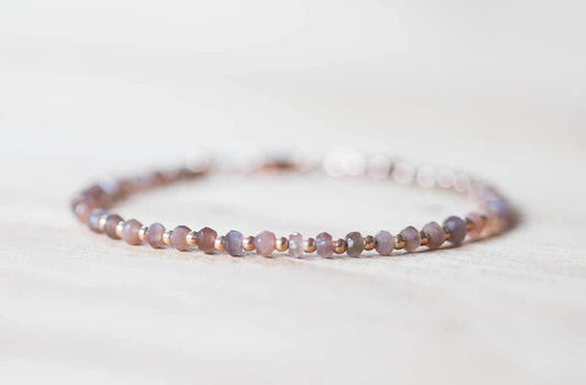 Chocolate Moonstone Bracelet with Rose Gold Fill or Sterling Silver, Delicate Gemstone Beaded Bracelet, Peach Brown Coffee Moonstone Jewelry