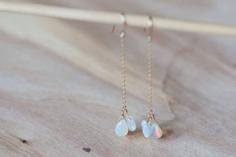 Ethopian Welo Opal Earrings on Rose Gold Filled or Sterling Silver Earwire, Long Gemstone Dangle Earrings, Delicate Welo Opal Jewelry