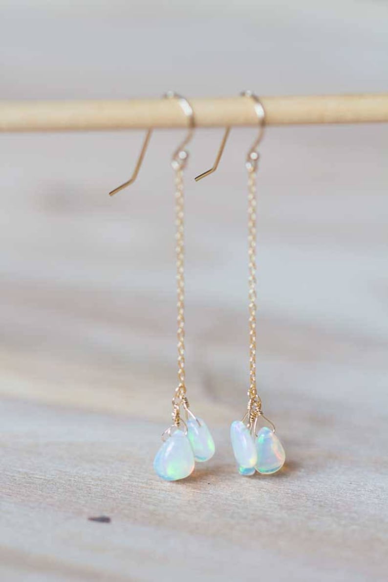 Ethopian Welo Opal Earrings on Rose Gold Filled or Sterling Silver Earwire, Long Gemstone Dangle Earrings, Delicate Welo Opal Jewelry