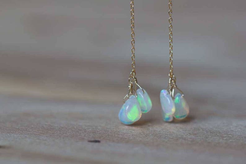Ethopian Welo Opal Earrings on Rose Gold Filled or Sterling Silver Earwire, Long Gemstone Dangle Earrings, Delicate Welo Opal Jewelry