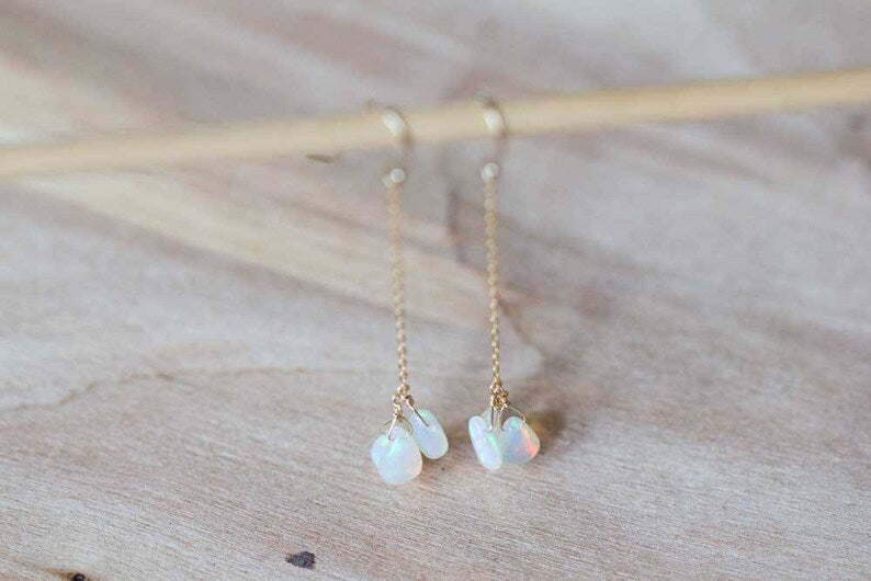 Ethopian Welo Opal Earrings on Rose Gold Filled or Sterling Silver Earwire, Long Gemstone Dangle Earrings, Delicate Welo Opal Jewelry