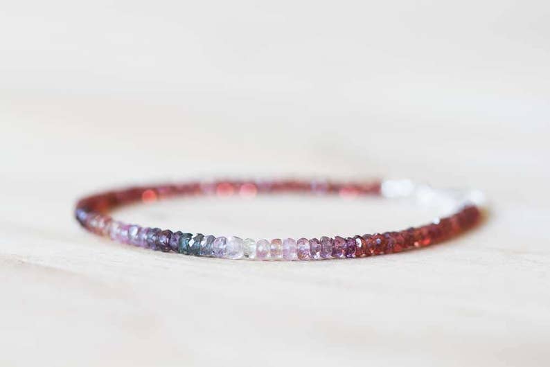 Red Garnet & Multi Colored Spinel Bracelet, Delicate Ombre Beaded Bracelet, Pink Purple Red Spinel Jewelry, Sterling Silver Rose Gold Fill