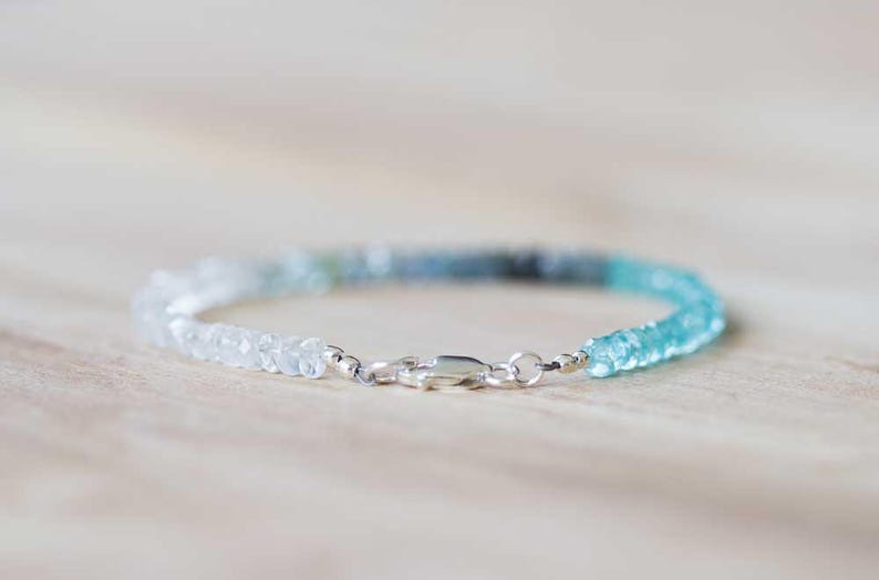 Moss Aquamarine, Apatite & Rainbow Moonstone Bracelet, Beaded Multi Gemstone Blue Green Ombre Bracelet, Sterling Silver Rose Gold Fill