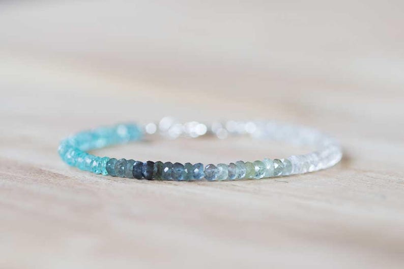 Moss Aquamarine, Apatite & Rainbow Moonstone Bracelet, Beaded Multi Gemstone Blue Green Ombre Bracelet, Sterling Silver Rose Gold Fill