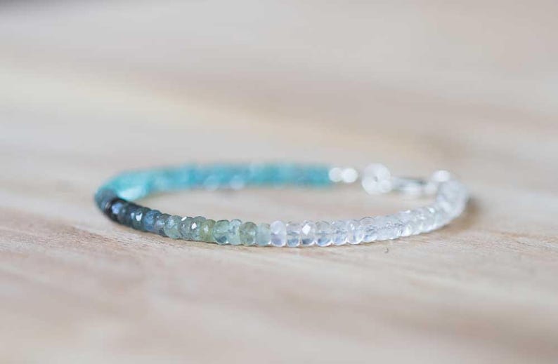 Moss Aquamarine, Apatite & Rainbow Moonstone Bracelet, Beaded Multi Gemstone Blue Green Ombre Bracelet, Sterling Silver Rose Gold Fill