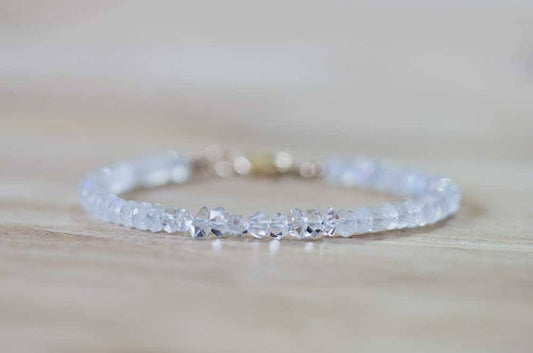 Beaded Rainbow Moonstone Bracelet with Herkimer Diamond, Delicate Moonstone Layering Bracelet, Gemstone Stackable Bracelet, Herkimer Jewelry