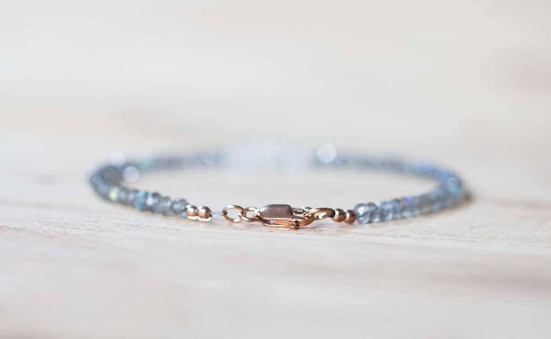 Labradorite & Herkimer Diamond Bracelet, Delicate Quartz Crystal Jewelry, Beaded Labradorite Bracelet, Rose Gold Fill or Sterling Silver