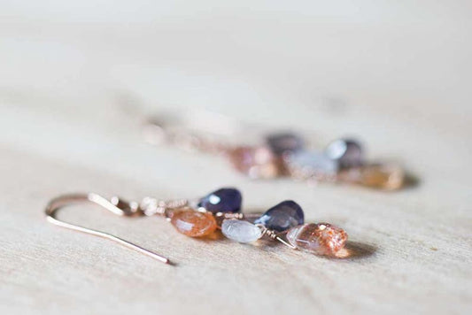 Iolite, Moonstone & Sunstone Earrings, Delicate Multi Gemstone Dangle Earrings, Iolite Jewelry, Rose Gold Filled or Sterling Silver