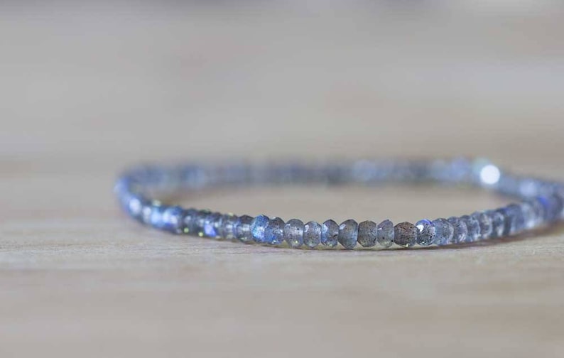 Labradorite Bracelet, Delicate Beaded Labradorite Jewelry, Elastic Stacking Stretch Bracelet, Blue Flash Gemstone, Faceted Small Beads