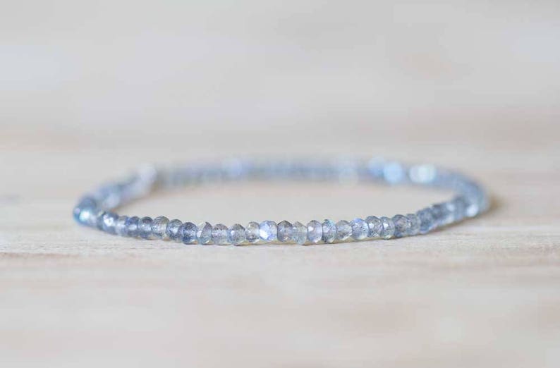 Labradorite Bracelet, Delicate Beaded Labradorite Jewelry, Elastic Stacking Stretch Bracelet, Blue Flash Gemstone, Faceted Small Beads