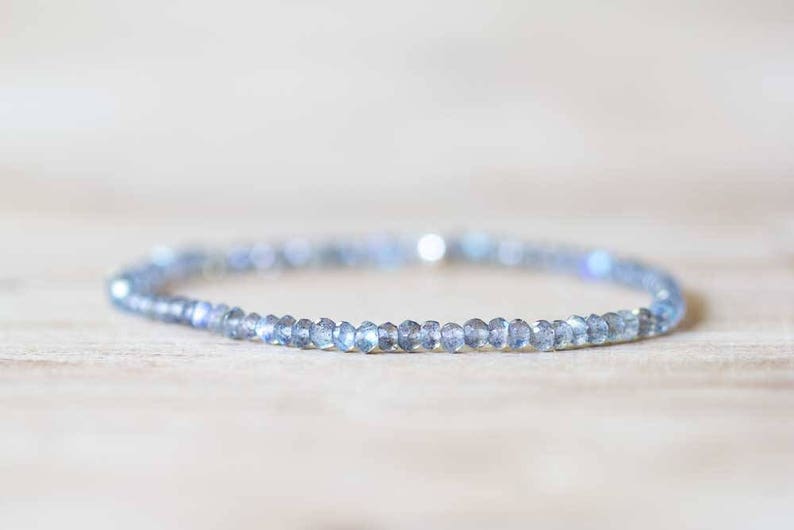 Labradorite Bracelet, Delicate Beaded Labradorite Jewelry, Elastic Stacking Stretch Bracelet, Blue Flash Gemstone, Faceted Small Beads