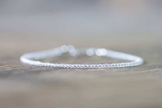 Dainty Clear Quartz Bracelet, Beaded Rock Crystal Quartz April Birthstone Jewelry, Stacking Bracelet, Rose Gold Fill Sterling Silver