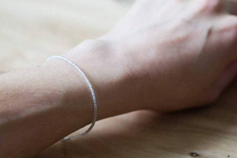 Dainty Clear Quartz Bracelet, Beaded Rock Crystal Quartz April Birthstone Jewelry, Stacking Bracelet, Rose Gold Fill Sterling Silver