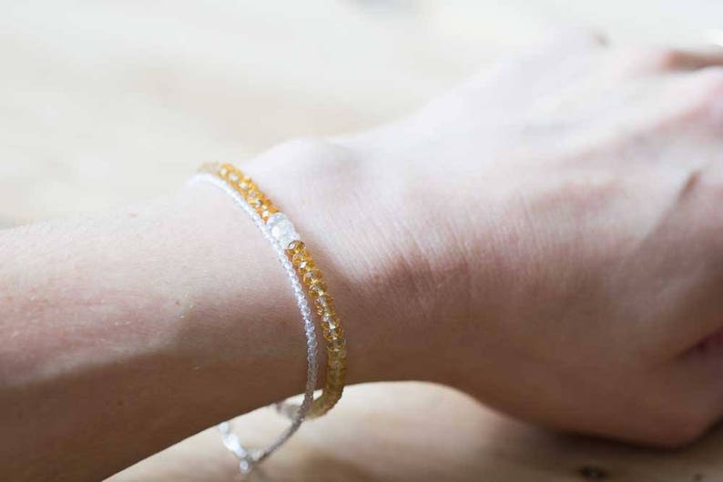 Dainty Clear Quartz Bracelet, Beaded Rock Crystal Quartz April Birthstone Jewelry, Stacking Bracelet, Rose Gold Fill Sterling Silver