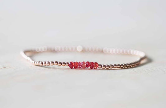 Padparadscha Stretch Bracelet with Rose Gold Fill or Sterling Silver, Delicate Beaded Red Sapphire Elastic Jewelry