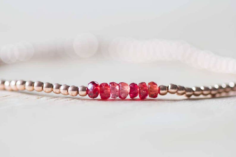 Padparadscha Stretch Bracelet with Rose Gold Fill or Sterling Silver, Delicate Beaded Red Sapphire Elastic Jewelry