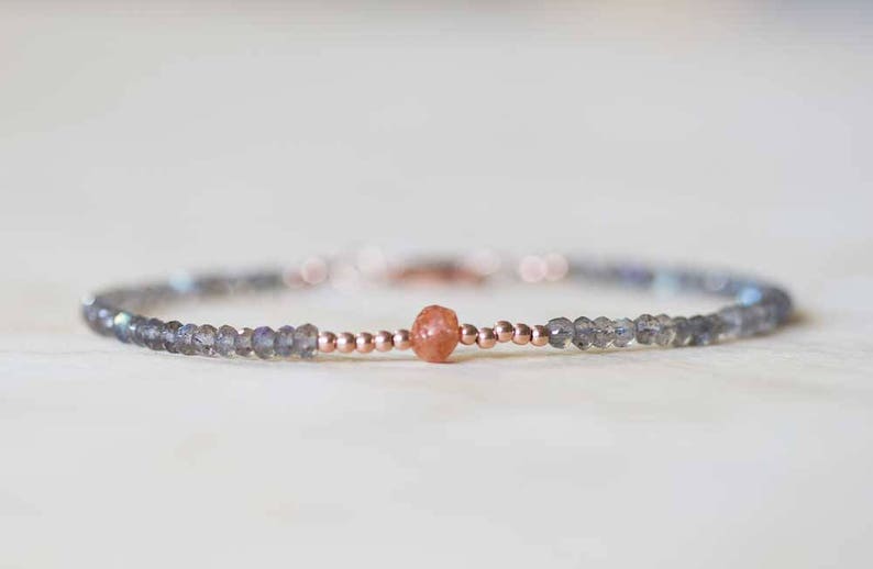 Labradorite Bracelet with Sunstone, Rose Gold Fill or Sterling Silver, Delicate Multi Gemstone Stacking Skinny Bracelet, Sunstone Jewelry