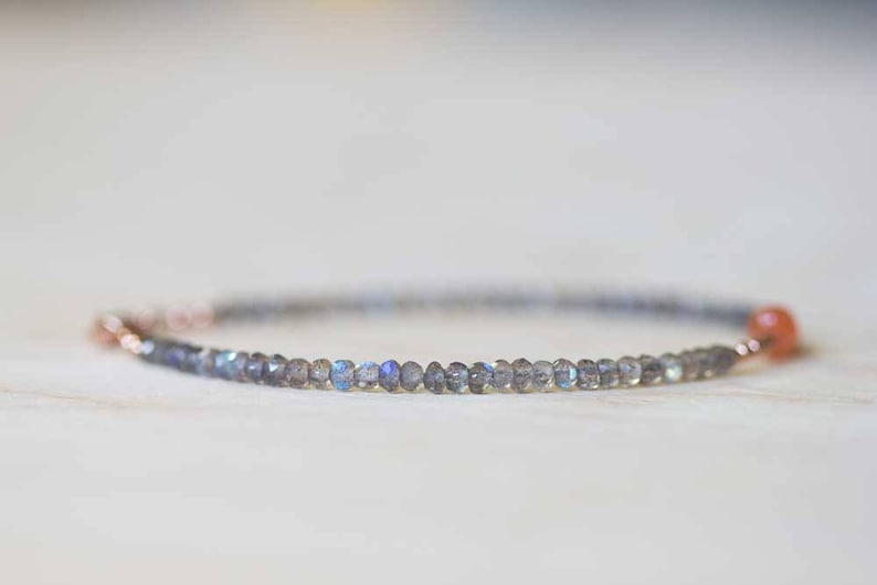 Labradorite Bracelet with Sunstone, Rose Gold Fill or Sterling Silver, Delicate Multi Gemstone Stacking Skinny Bracelet, Sunstone Jewelry