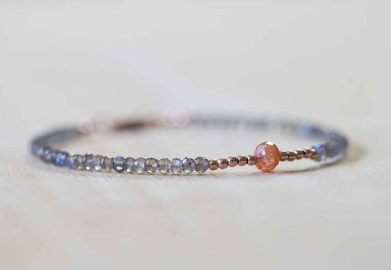 Labradorite Bracelet with Sunstone, Rose Gold Fill or Sterling Silver, Delicate Multi Gemstone Stacking Skinny Bracelet, Sunstone Jewelry
