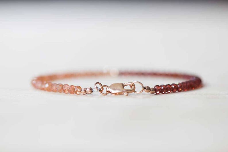 Sunstone & Garnet Bracelet, Dainty Beaded Stacking Red Garnet Jewelry, Rose Gold Fill or Sterling Silver