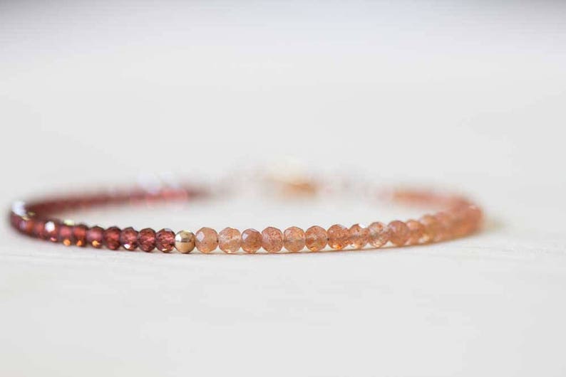 Sunstone & Garnet Bracelet, Dainty Beaded Stacking Red Garnet Jewelry, Rose Gold Fill or Sterling Silver