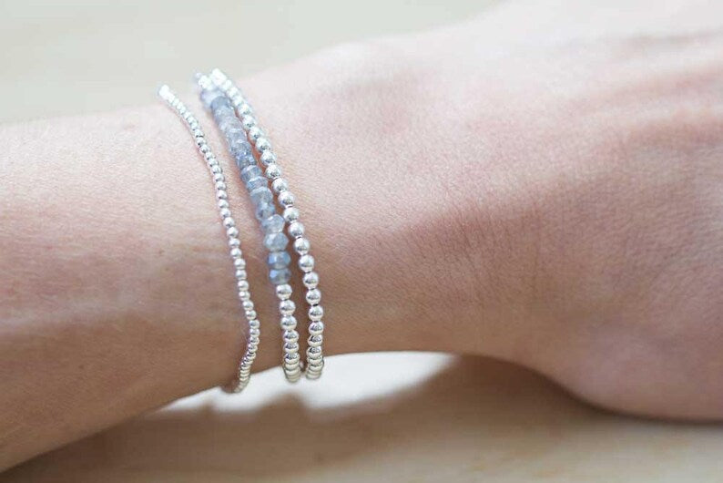 Sterling Silver Beaded Bracelet, Skinny Delicate Bracelet, Sterling Silver Stacking Minimal Jewelry, 2mm or 3mm Beads, Stretch Elastic