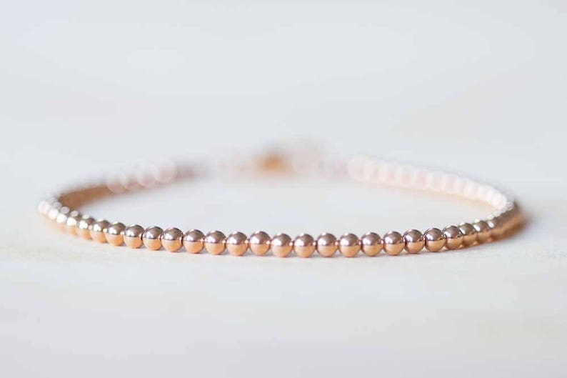 Rose Gold Filled Beaded Bracelet, Skinny Delicate Bracelet, Pink Gold Jewelry, Rose Gold Stacking Jewelry, 2mm or 3mm Beads, Stretch Elastic