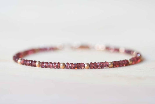 Red Garnet Bracelet with Rose Gold Fill or Sterling Silver, Delicate Gemstone Beaded Stacking Bracelet, Garnet Jewelry, January Birthstone