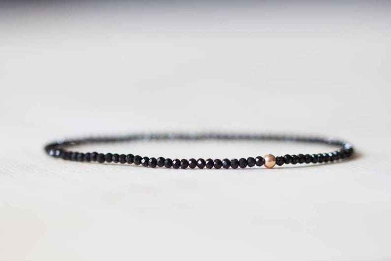 Black Spinel Stretch Bracelet, Ultra Delicate Faceted Tiny Beads Gemstone Jewelry, Elastic Stacking Bracelet, Simple Minimal