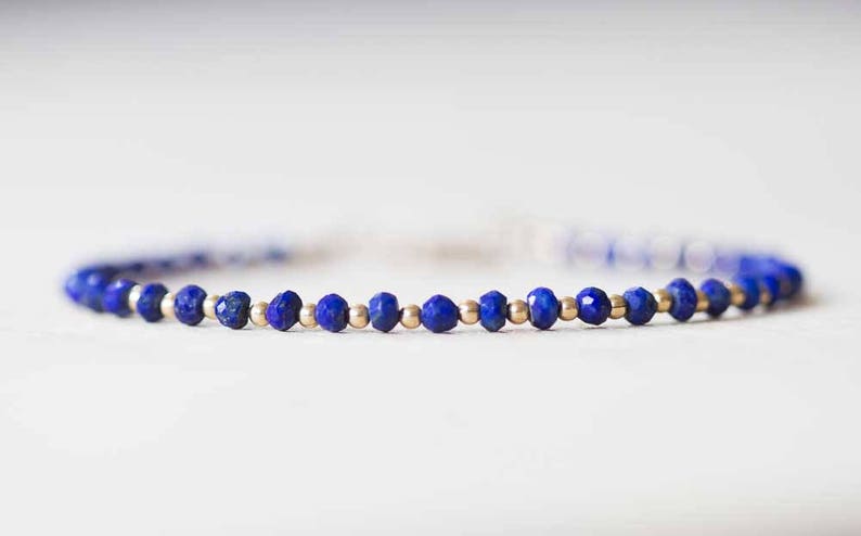 Lapis Bracelet with Rose Gold Fill or Sterling Silver, Stacking Layering Beaded Gemstone Jewelry, Lapis Lazuli Faceted Blue Gemstone