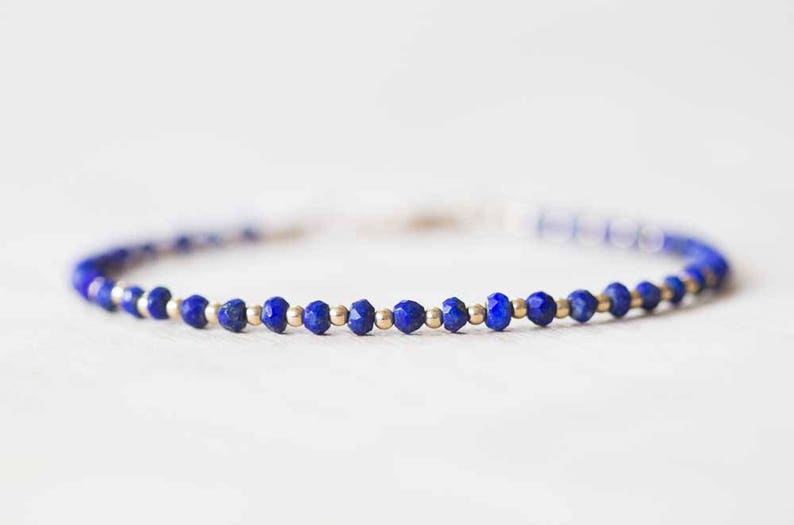 Lapis Bracelet with Rose Gold Fill or Sterling Silver, Stacking Layering Beaded Gemstone Jewelry, Lapis Lazuli Faceted Blue Gemstone