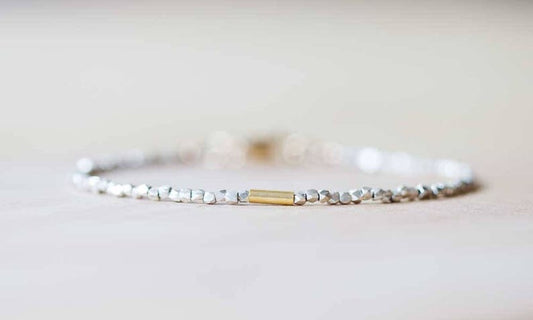 Delicate Fine Silver Bracelet with Gold Fill Tube, Skinny Sterling Silver Stacking Bracelet, Minimal Mixed Metal Jewelry, Everyday