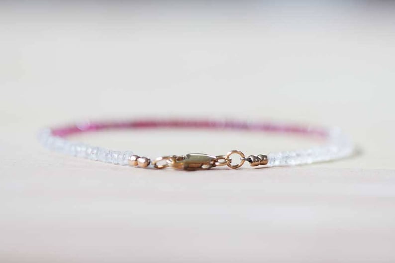Ruby, Pink Tourmaline & Rainbow Moonstone Bracelet, Red Pink Ombre Jewelry, Genuine July Birthstone Gemstone