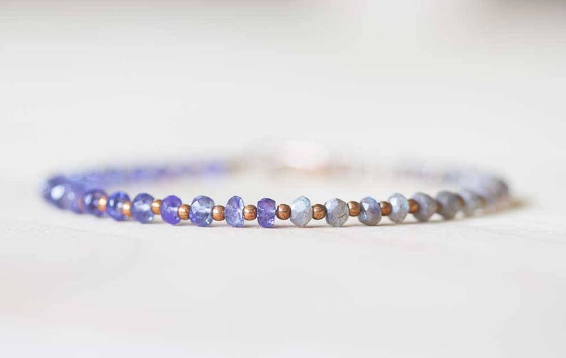 Labradorite & Tanzanite Bracelet with Rose Gold Fill or Sterling Silver, Dainty Natural Gemstone Jewelry