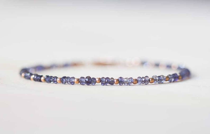 Delicate Iolite Bracelet with Rose Gold Fill or Sterling Silver, Delicate Gemstone Beaded Stacking Bracelet, Iolite Jewelry, Blue Gemstone