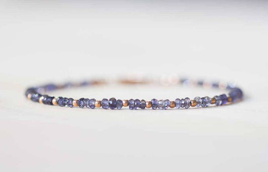 Delicate Iolite Bracelet with Rose Gold Fill or Sterling Silver, Delicate Gemstone Beaded Stacking Bracelet, Iolite Jewelry, Blue Gemstone