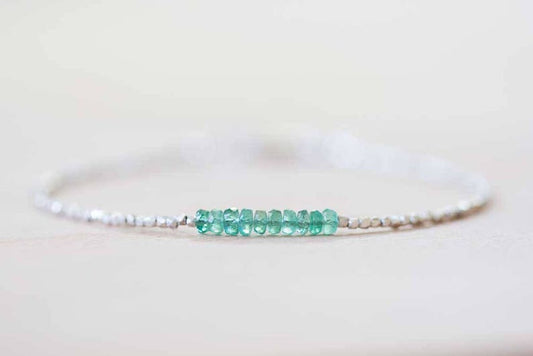 Delicate Emerald Bracelet with Fine Silver, Skinny Karen Hill Tribe Beaded Stacking Bracelet, Sterling Silver Zambian Geniue Emerald Jewelry